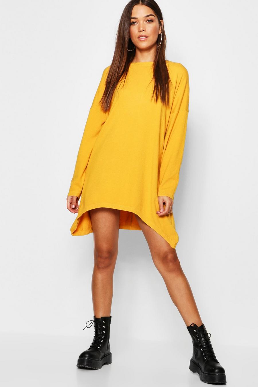 Mustard Oversize stickad klänning i boyfriendmodell image number 1