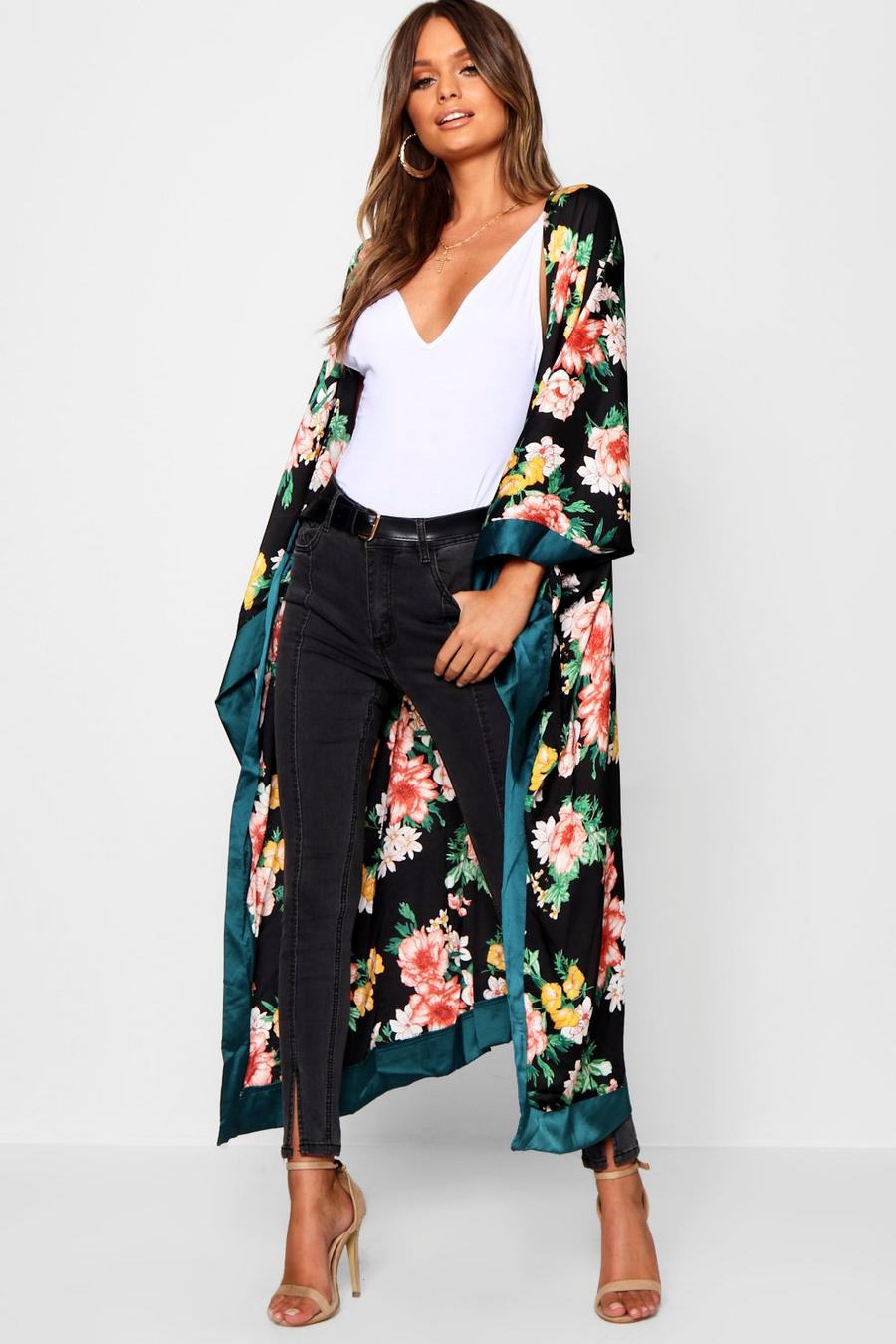 Kimono oversize con stampa floreale, Nero image number 1