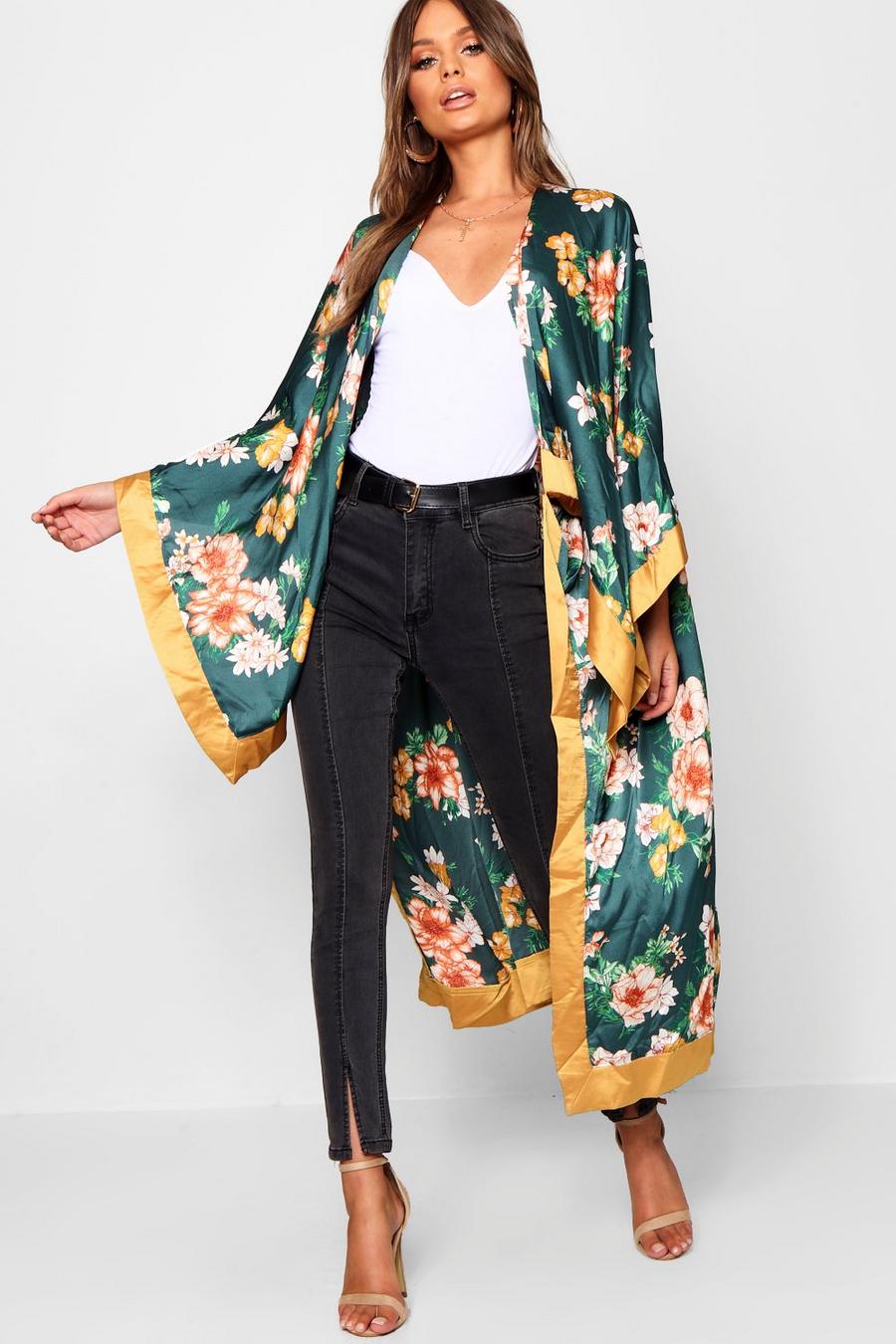 Kimono oversize con stampa floreale, Verde bottiglia image number 1