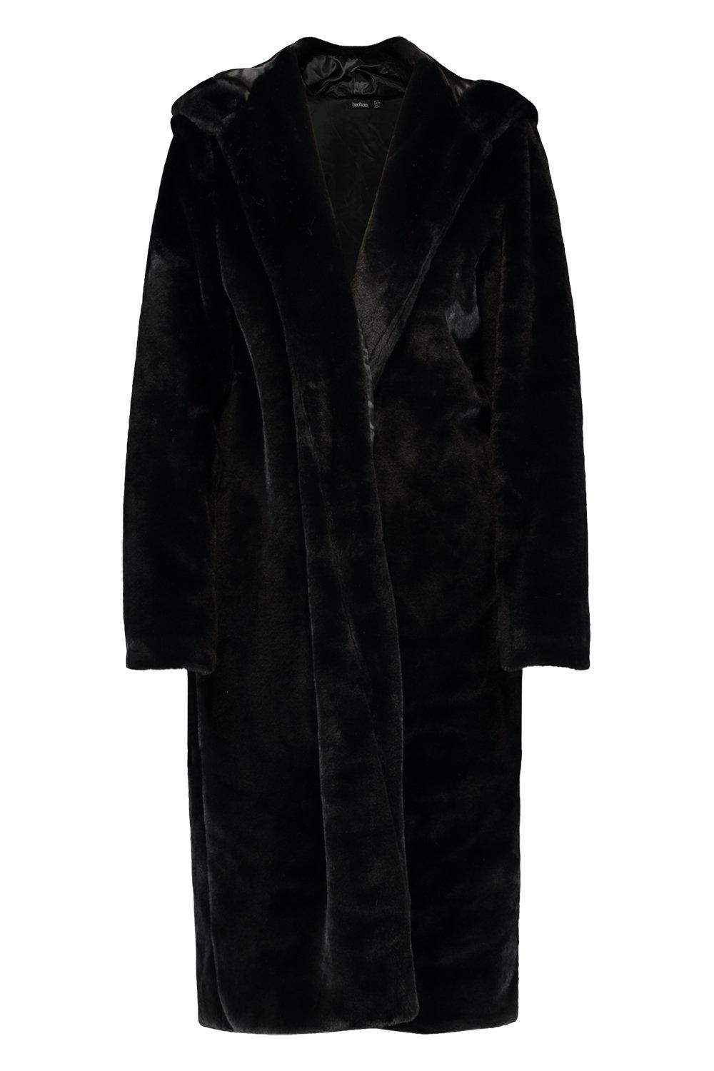 long black faux fur coat with hood