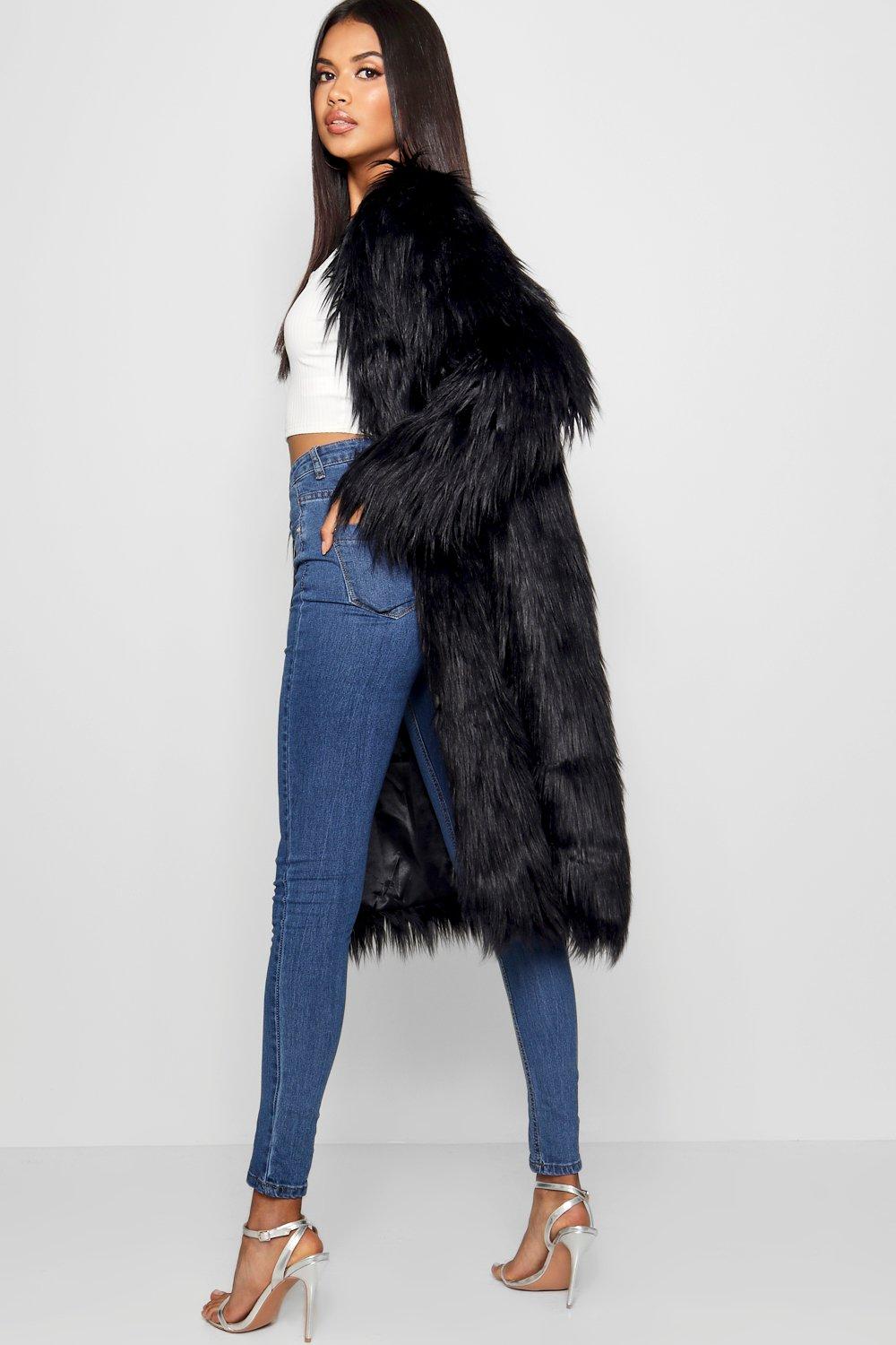 black shaggy faux fur coat