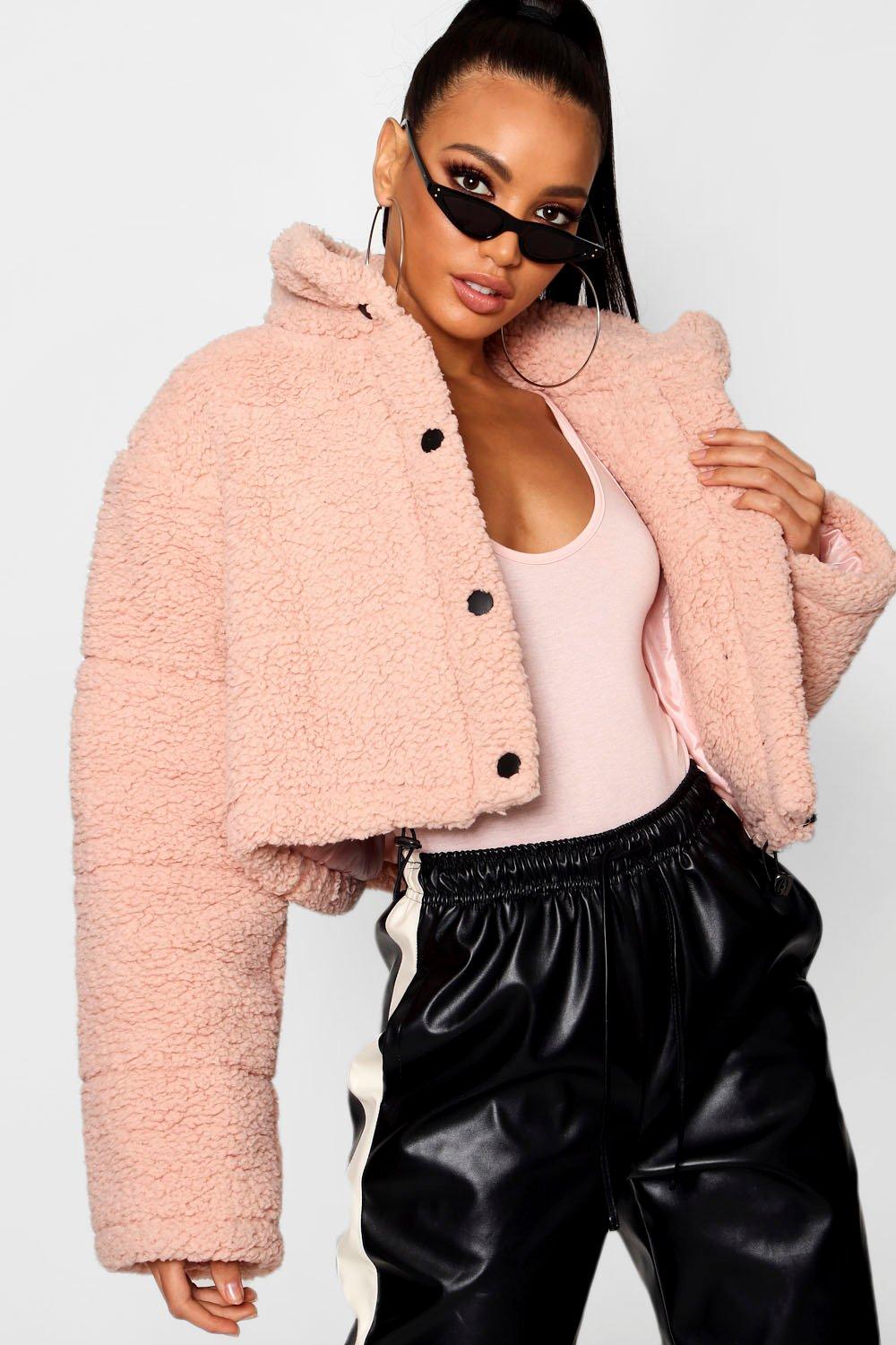 Boohoo crop fleece oversized puffer jacket sale