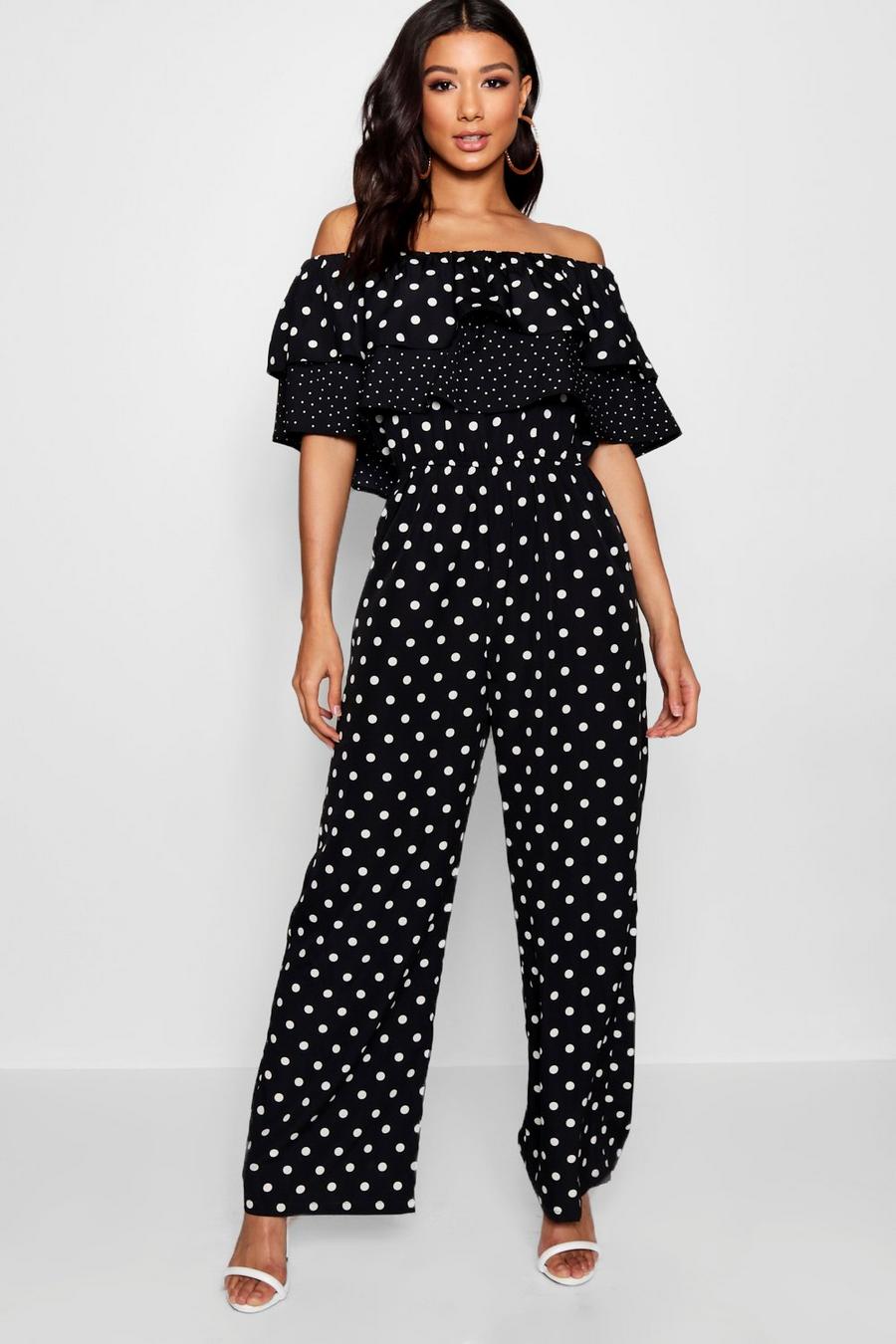 Black Mix and Match Spot Ruffle Jumpsuit image number 1