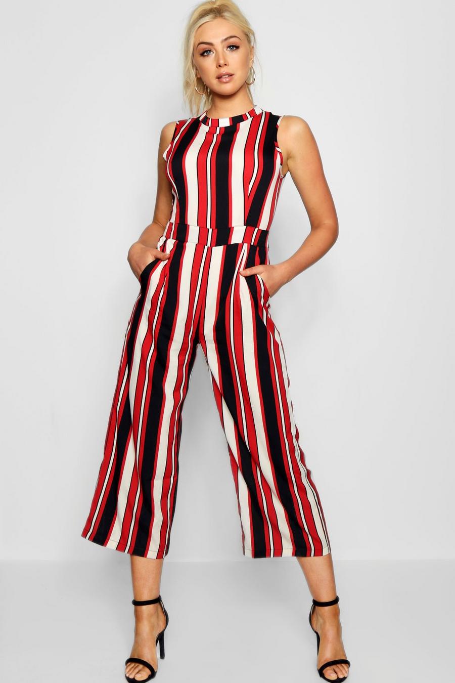 Red Striped High Neck Culotte Jumpsuit image number 1