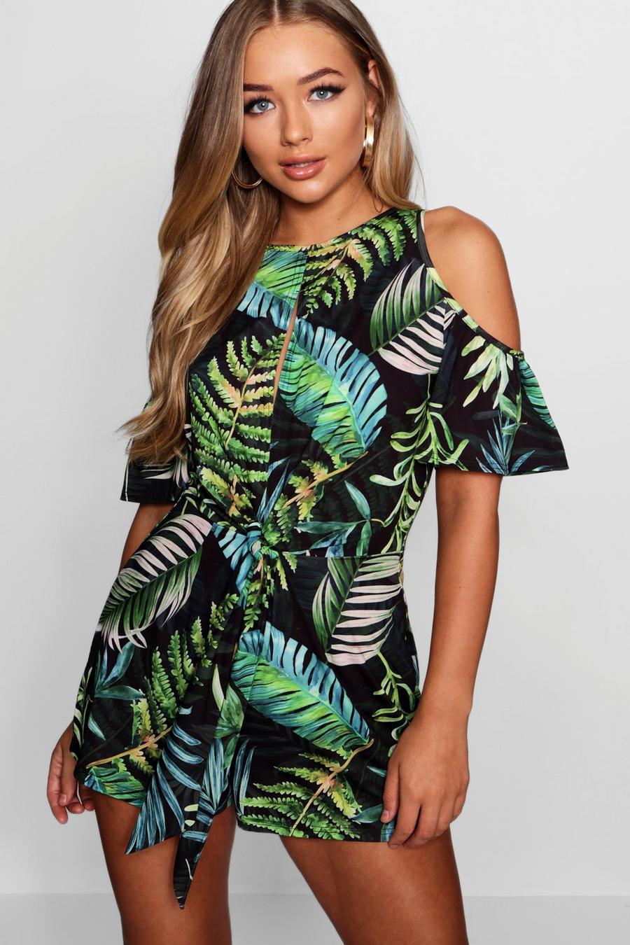 Camilla Playsuit mit Frontbindung in Palmen-Print image number 1