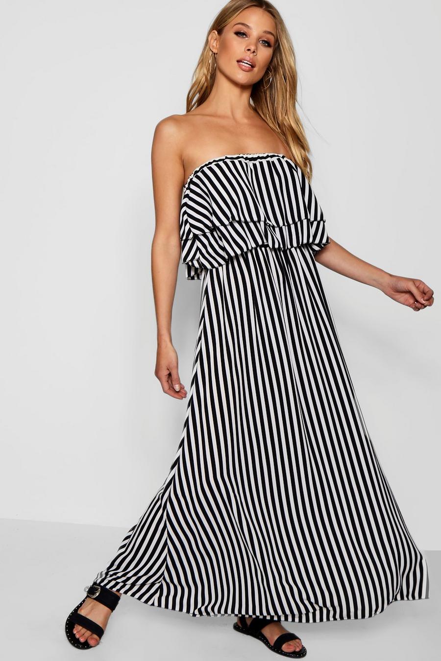 Black Dara Double Ruffle Striped Woven Maxi Dress