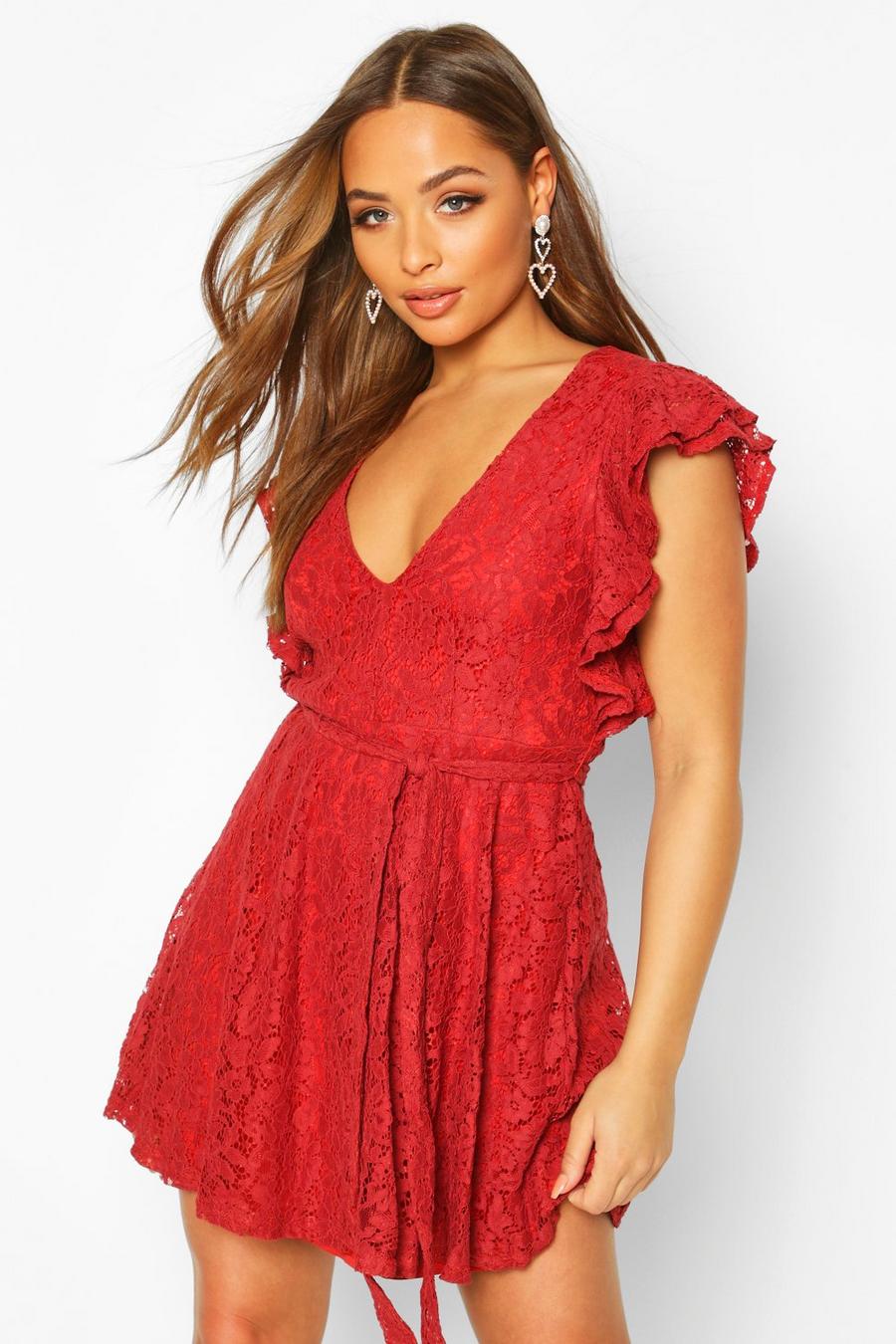 Berry Lace Ruffle Sleeve Skater Dress broderie image number 1