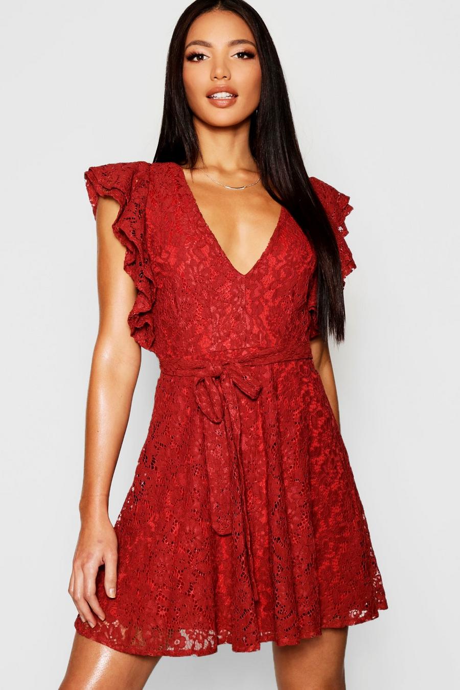 Terracotta Lace Ruffle Sleeve Skater Dress image number 1