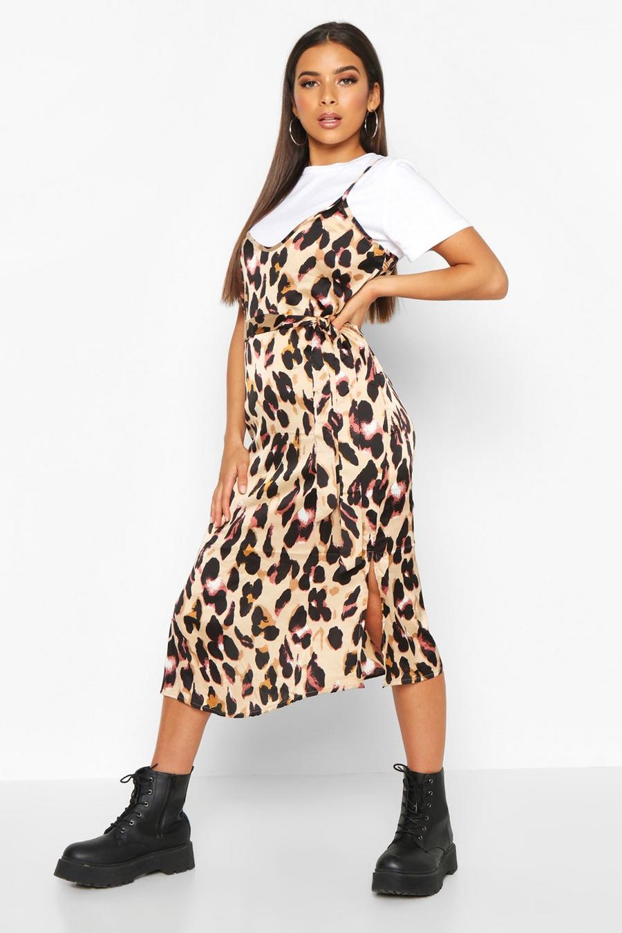 Brown Leopard Satin Slip Dress image number 1