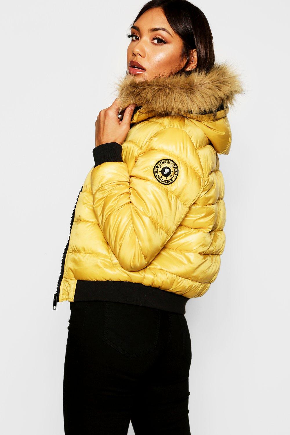 yellow bubble coat with fur hood