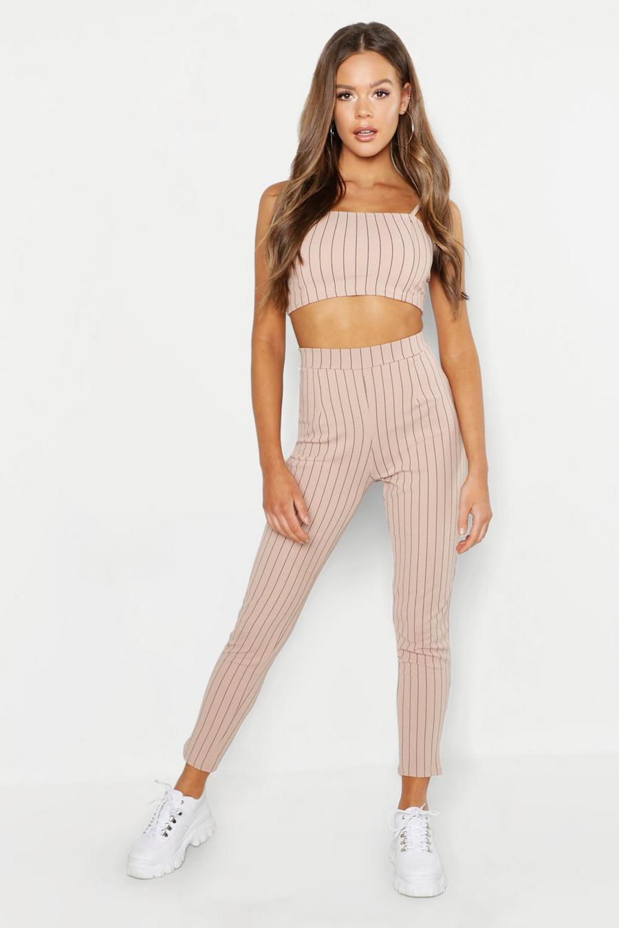 Stone Bandeau Pinstripe Trouser Co-ord Set image number 1