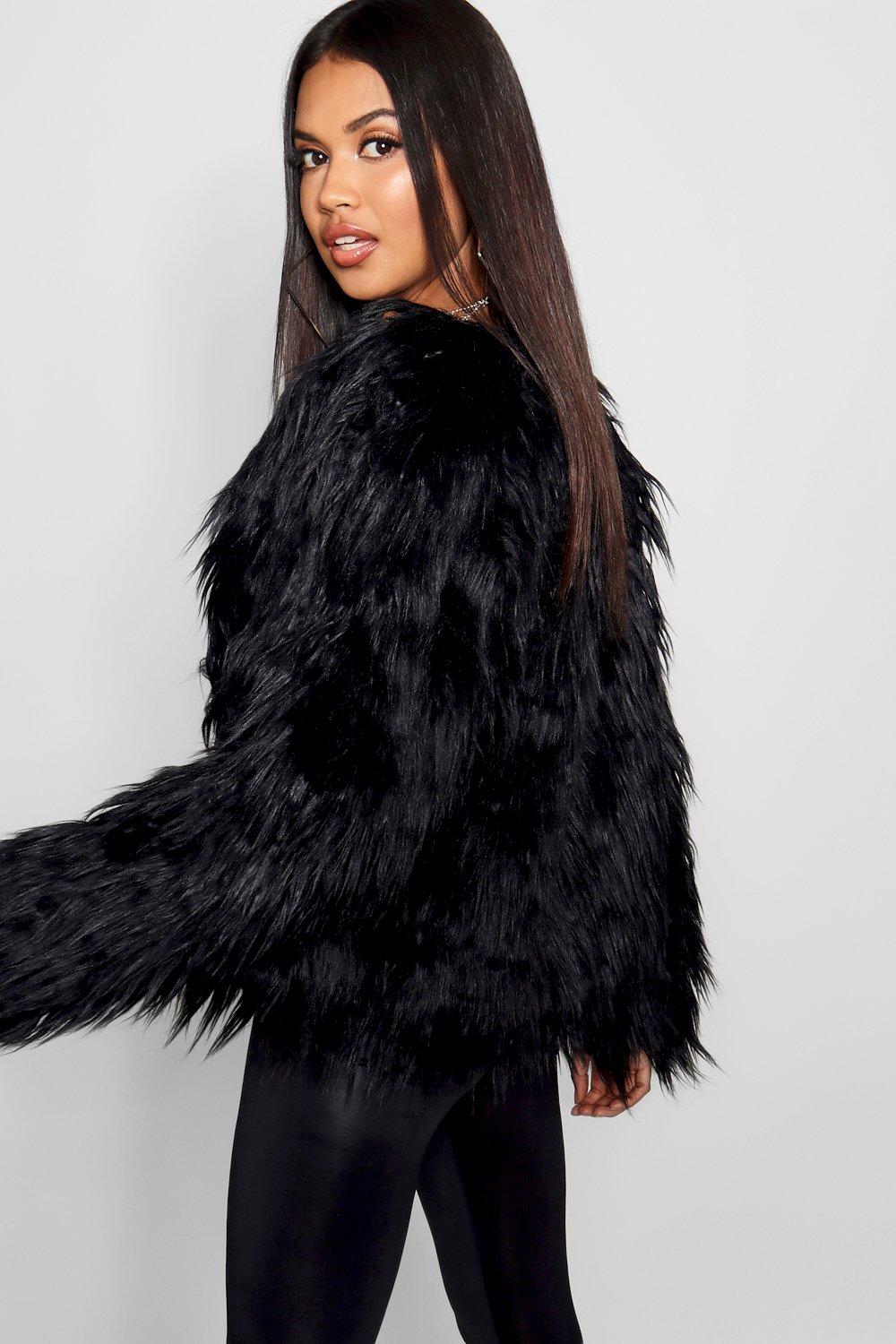 Female Black Shaggy Faux Fur Coat