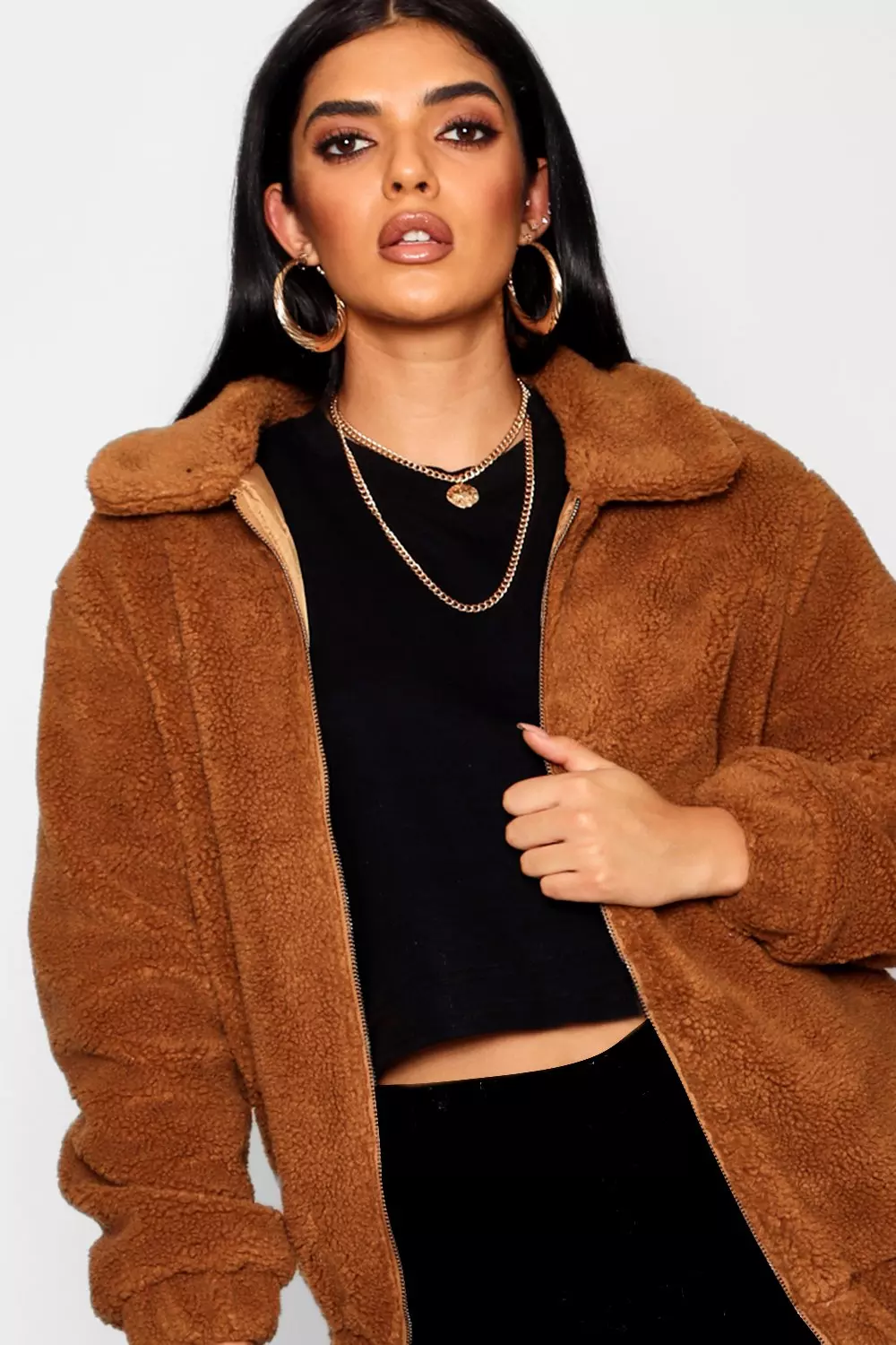 Oversized teddy faux 2025 fur bomber jacket