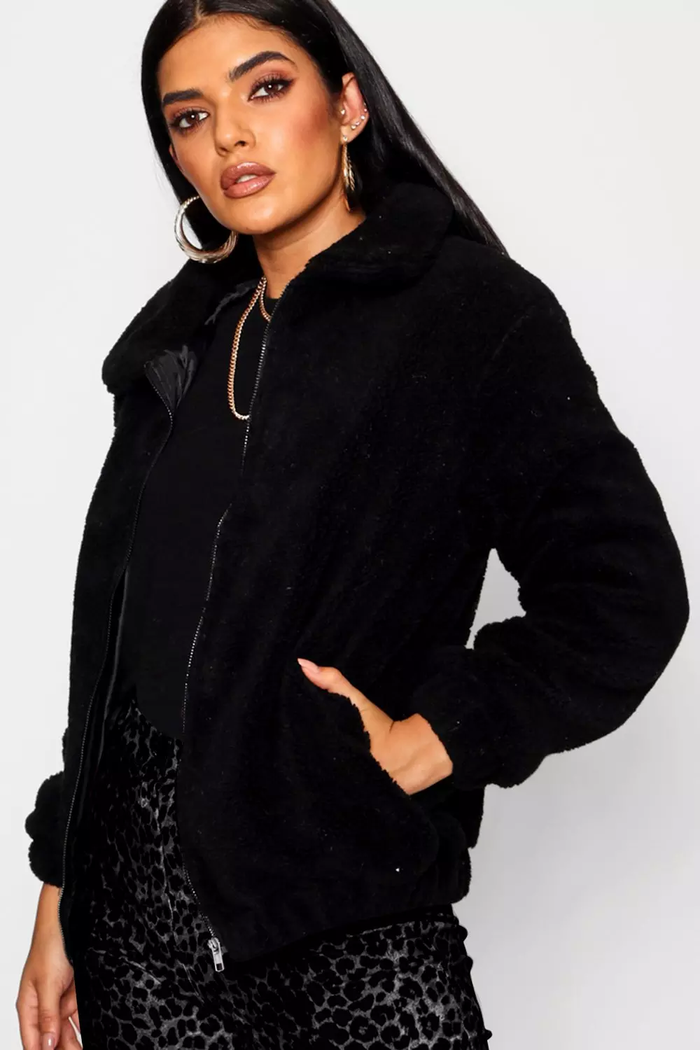 Black faux fur bomber jacket