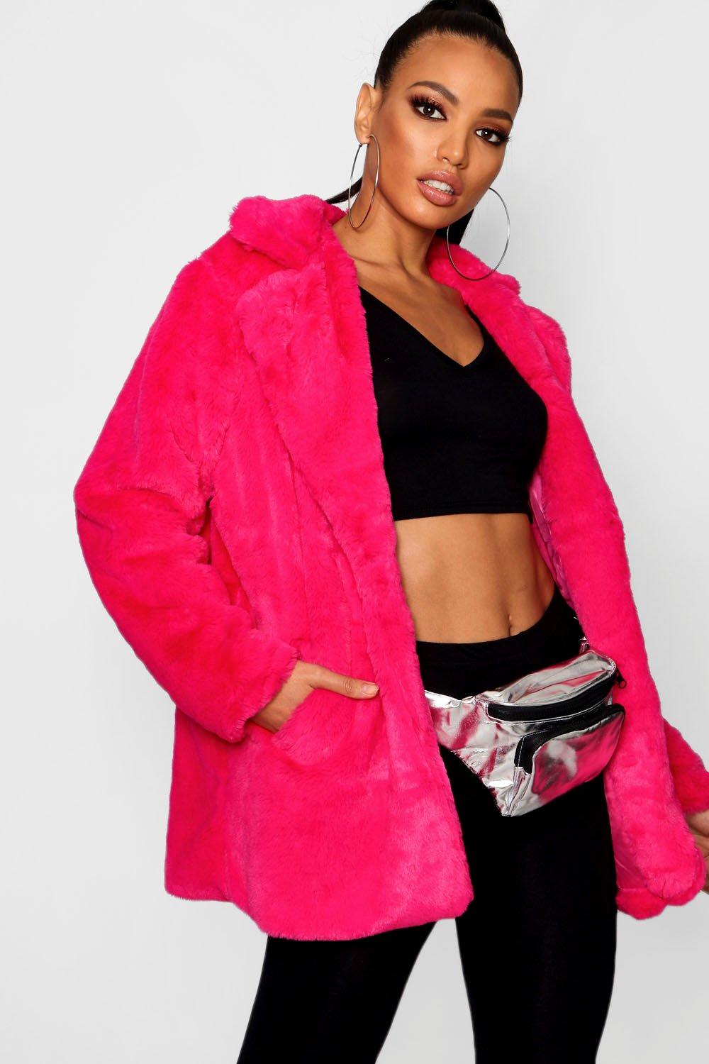 hot pink faux fur coat