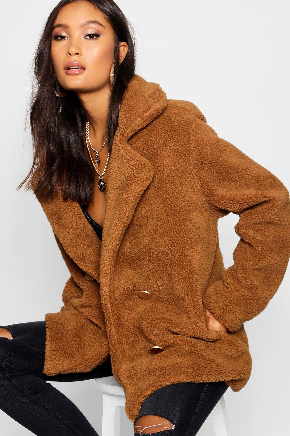 double breasted teddy faux fur coat