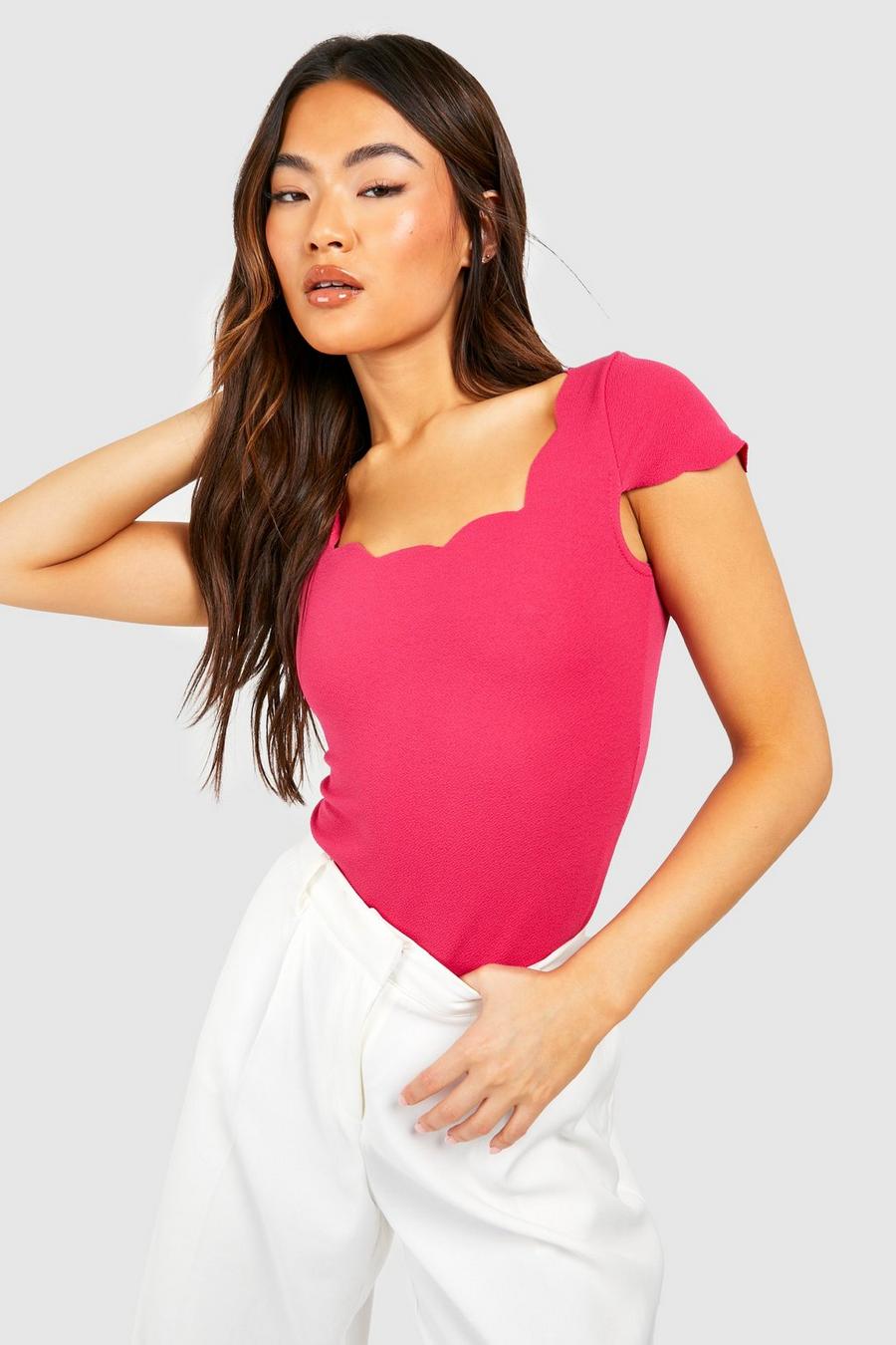 Hot pink rosa Cap Sleeve Scallop Edge Body Suit