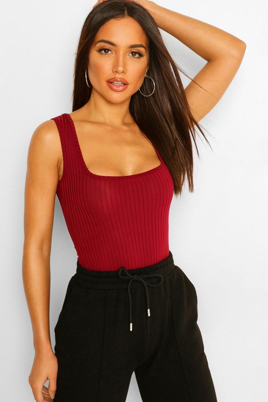 Berry Square Neck Wide Rib Bodysuit image number 1
