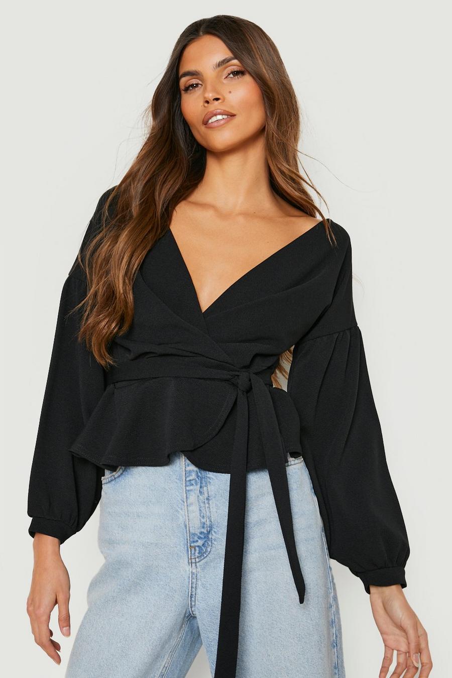 Black Bell Sleeve Wrap Over Top image number 1