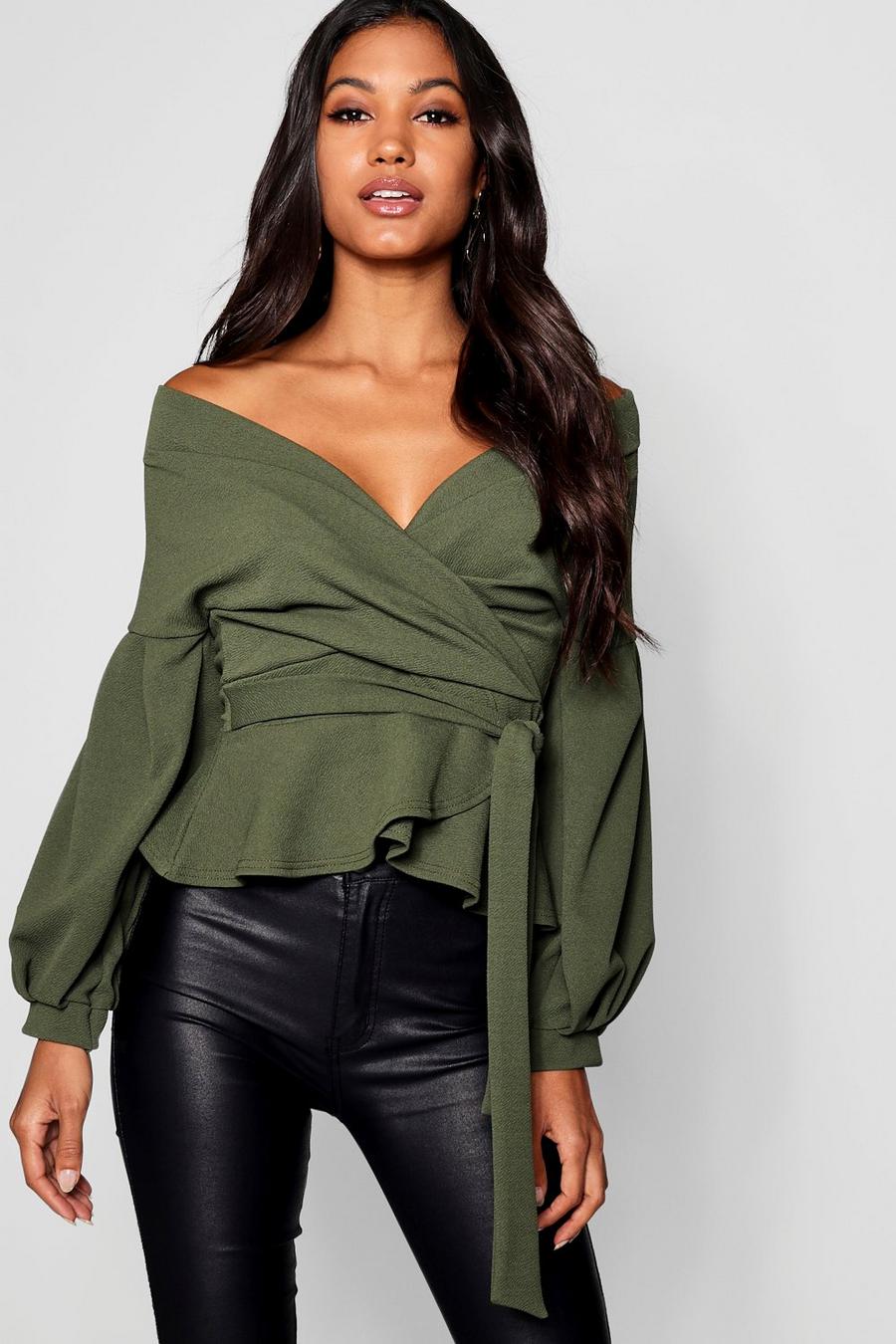Khaki Bell Sleeve Wrap Over Top image number 1