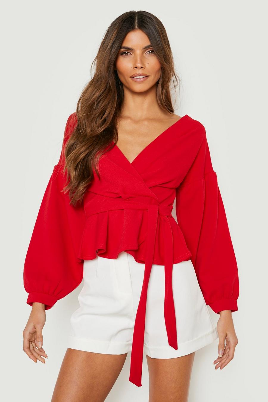 Red Bell Sleeve Wrap Over Top image number 1