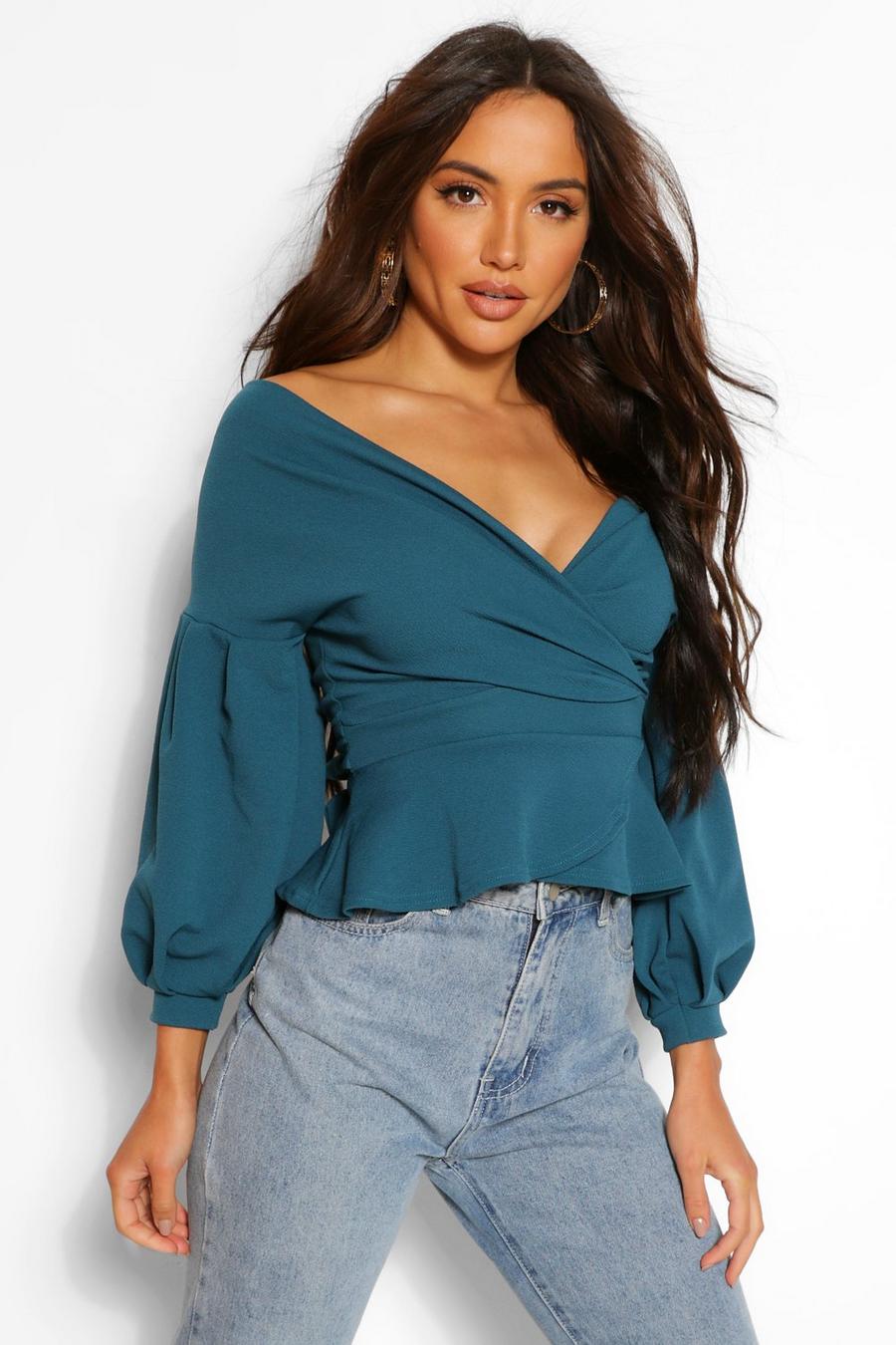Teal Bell Sleeve Wrap Over Top image number 1