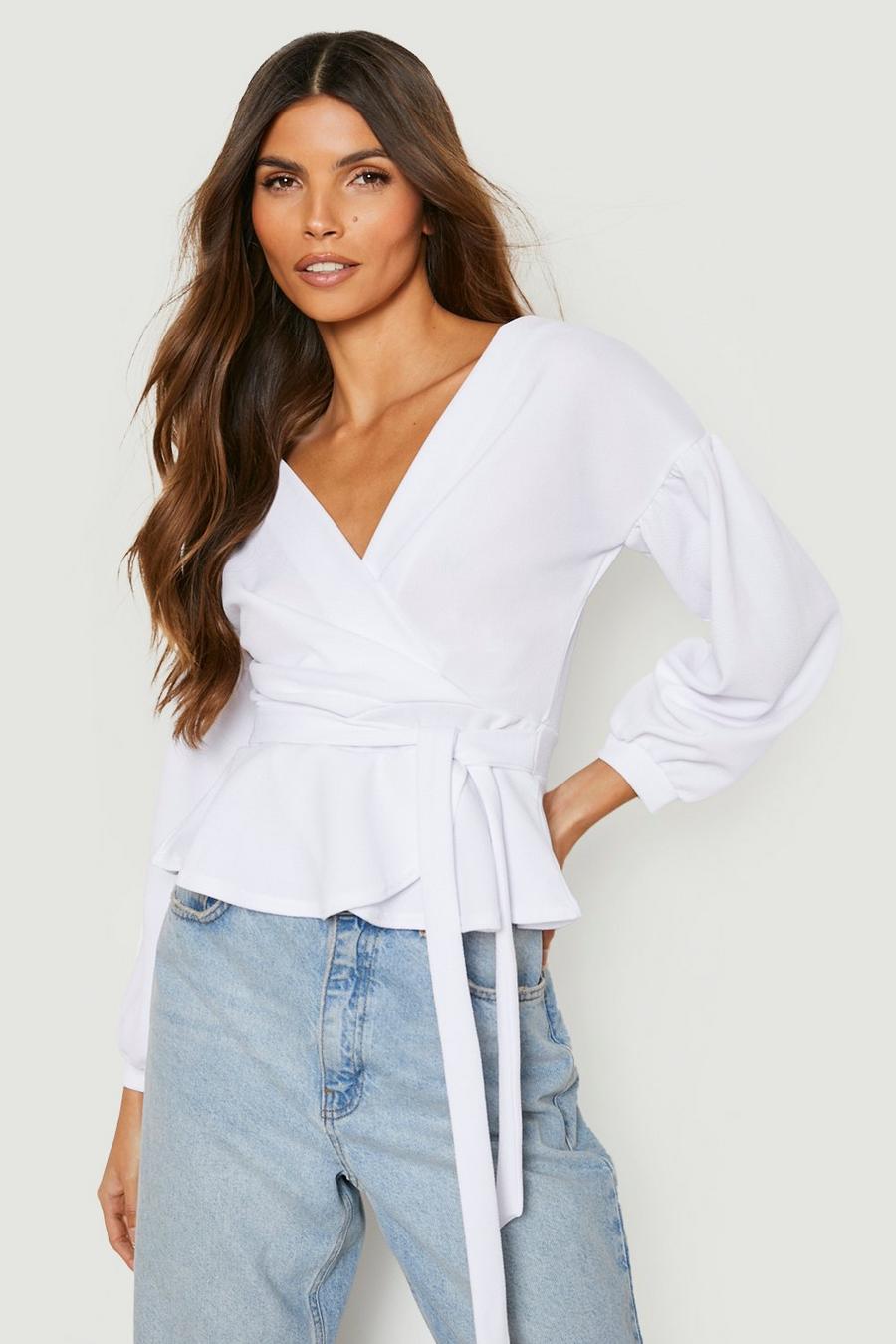 White blanc Bell Sleeve Wrap Over Top