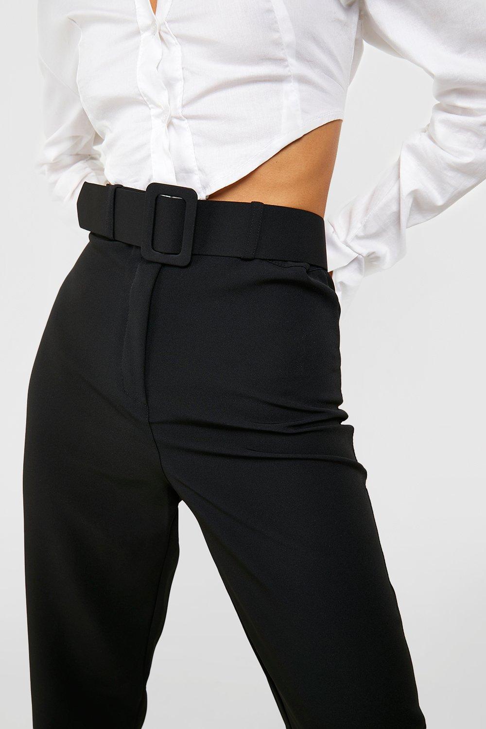 Wide Buckle Belt Straight Tapered Pants | boohoo