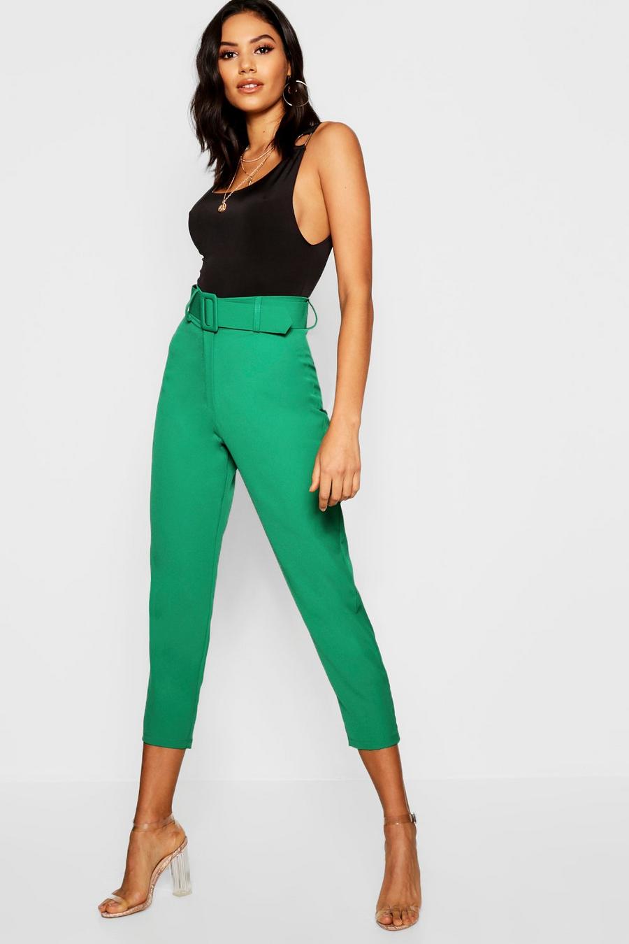 Pantaloni affusolati dritti con cintura e fibbia grande, Bottle green image number 1