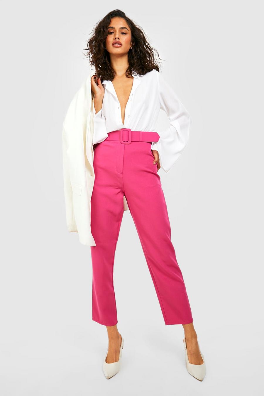 Pantaloni affusolati dritti con cintura e fibbia grande, Hot pink image number 1
