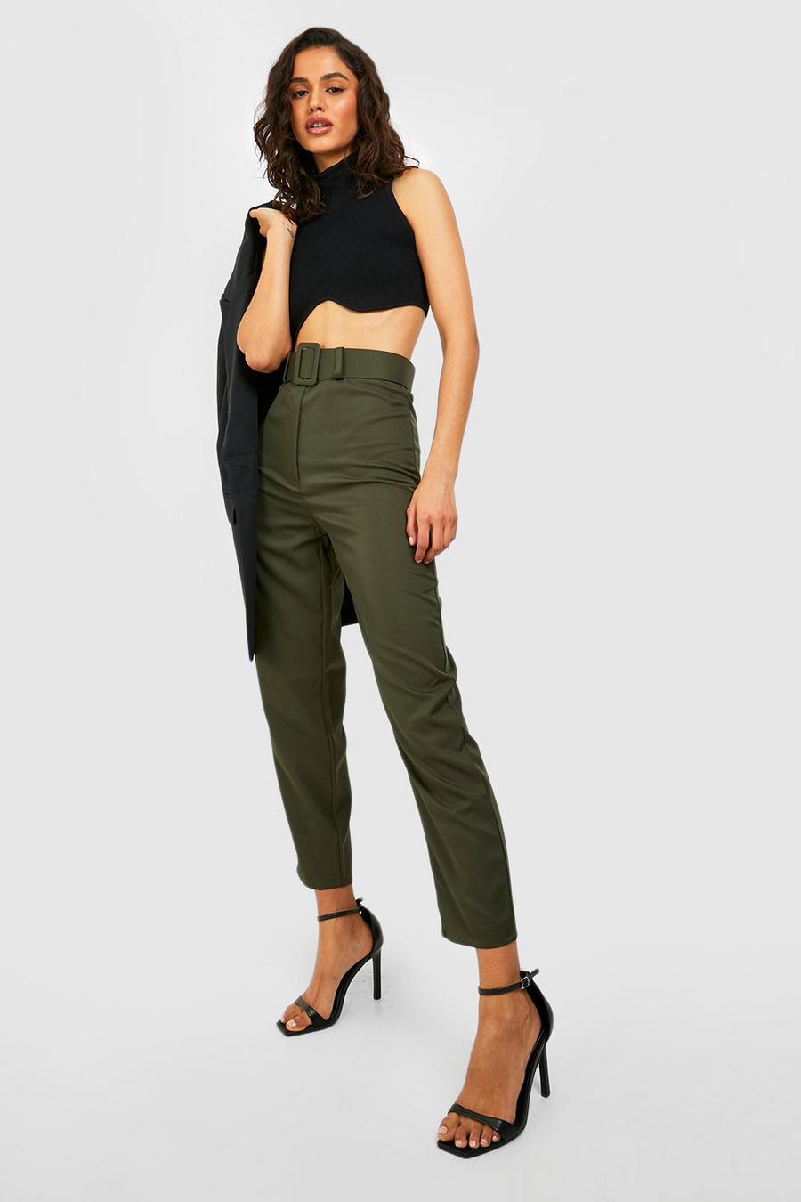 Khaki Wide Buckle Belt Straight Tapered Pants image number 1