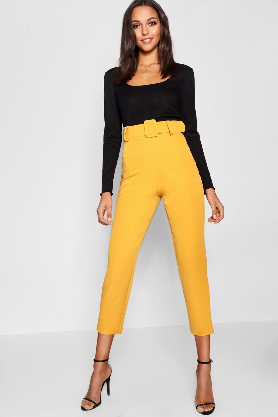 Mustard Wide Buckle Belt Straight Tapered Pants image number 1