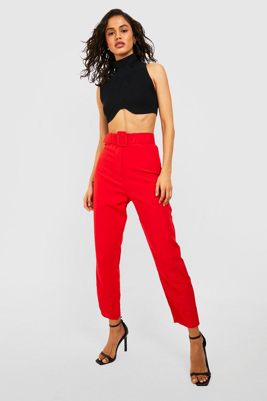 Red Wide Buckle Belt Straight Tapered Pants image number 1