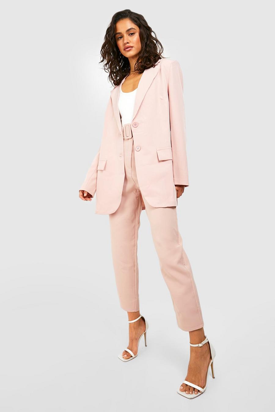 Soft pink rose Wide Buckle Belt Straight Tapered Trouser