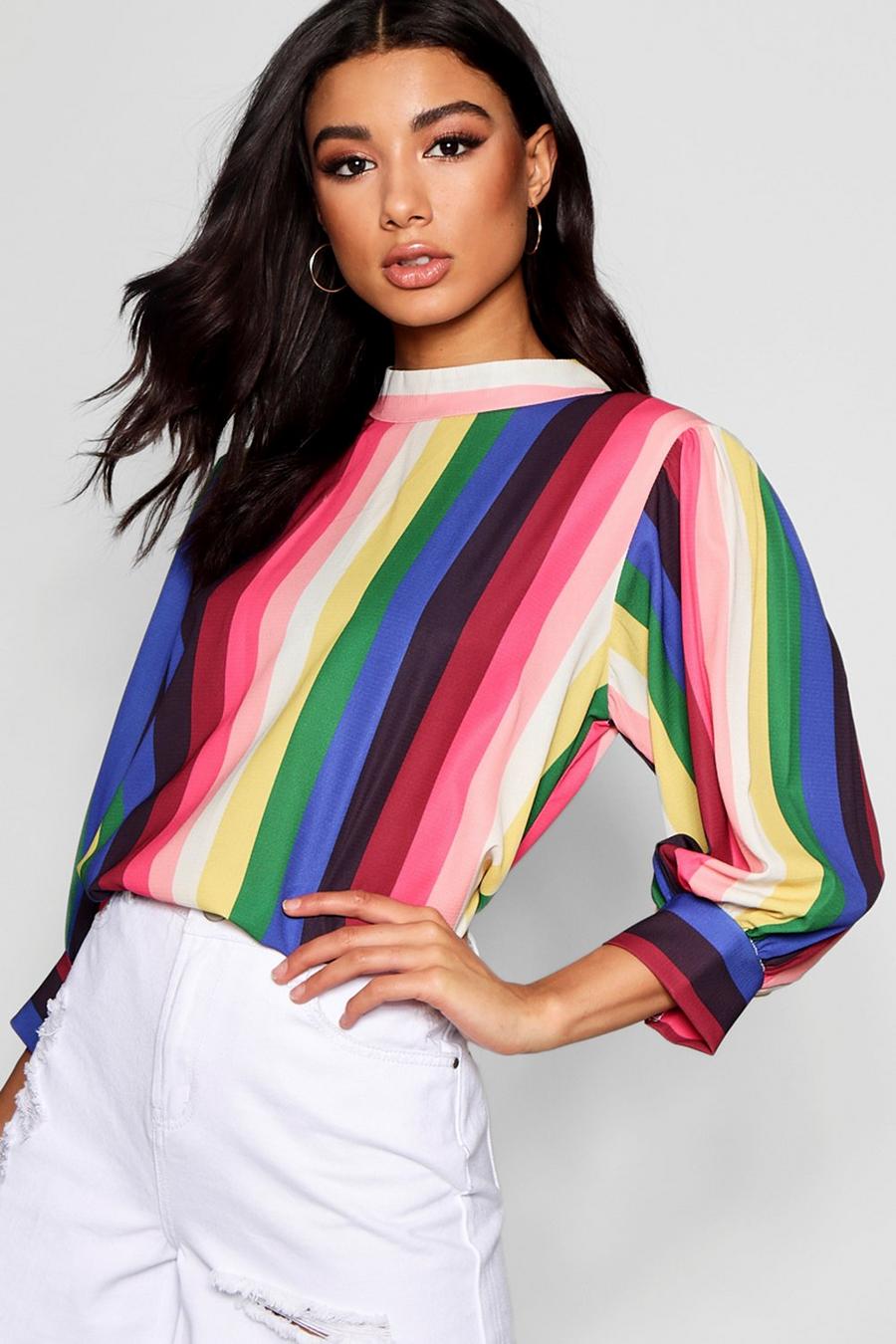 Bluse mit Ballonärmeln und Streifen in Regenbogenfarben, Rosa image number 1