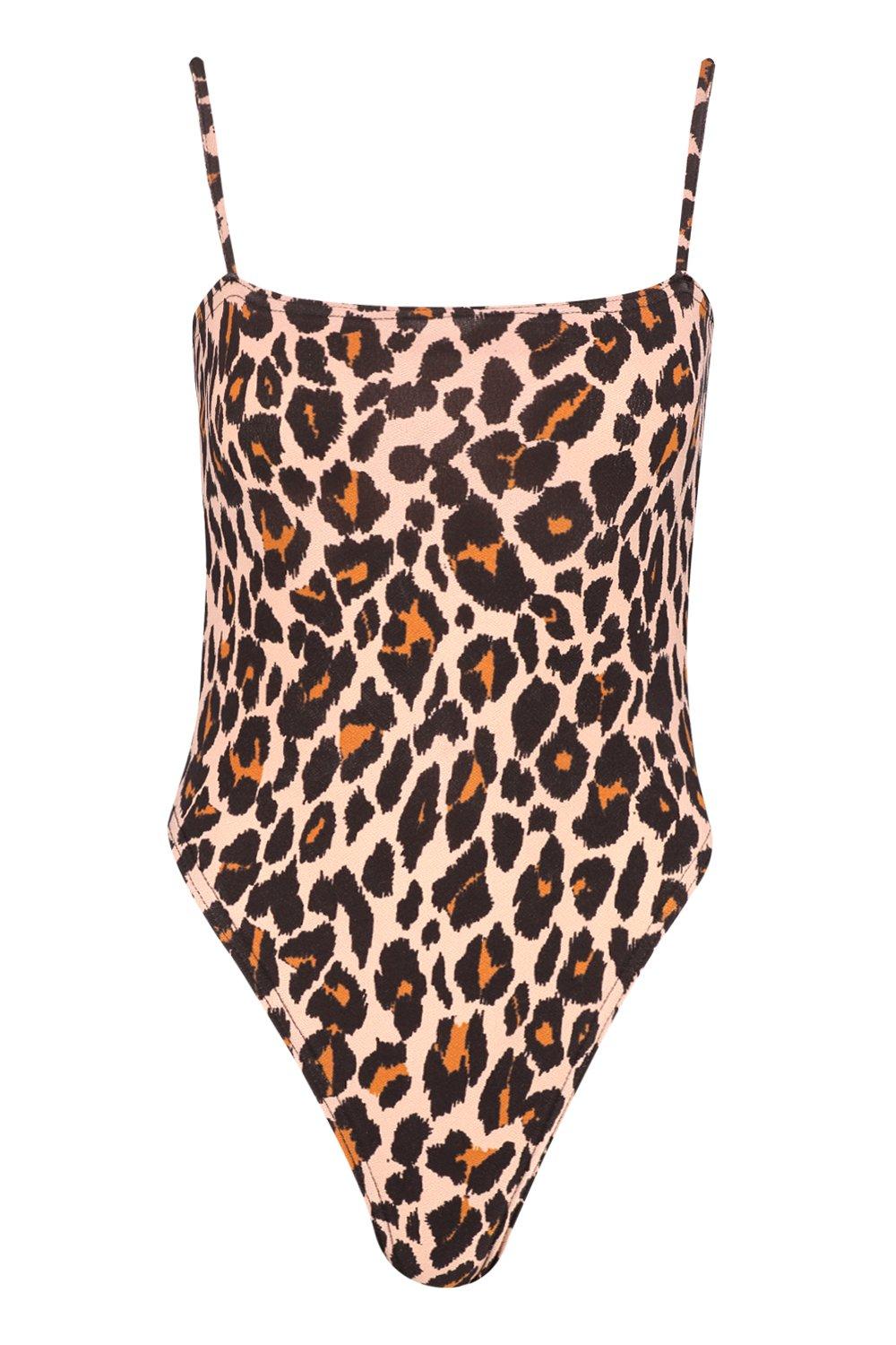 Petite Tan Slinky Leopard Scoop Neck Thong Bodysuit