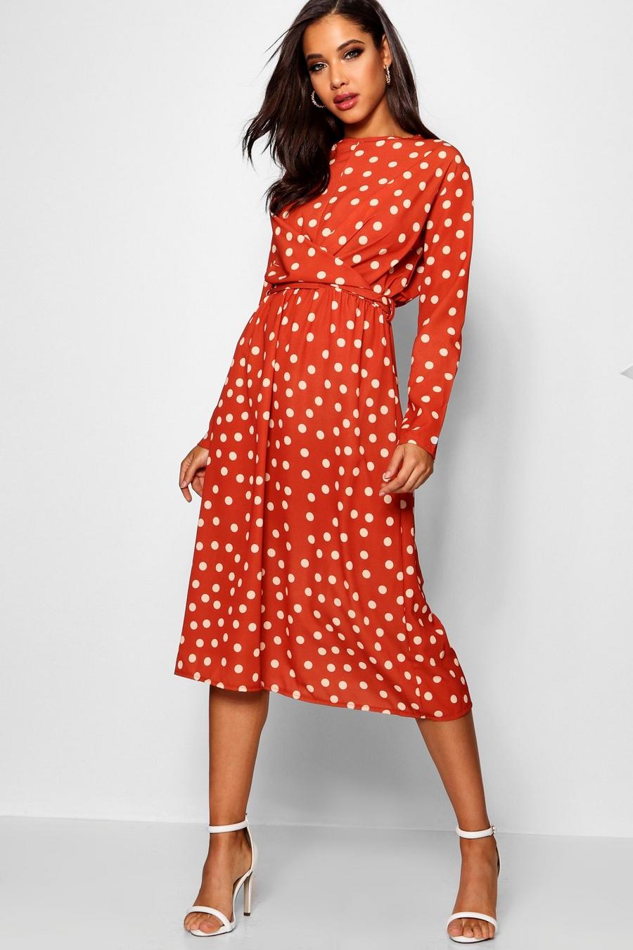 Rust Wrapped Front Polka Dot Midi Dress image number 1