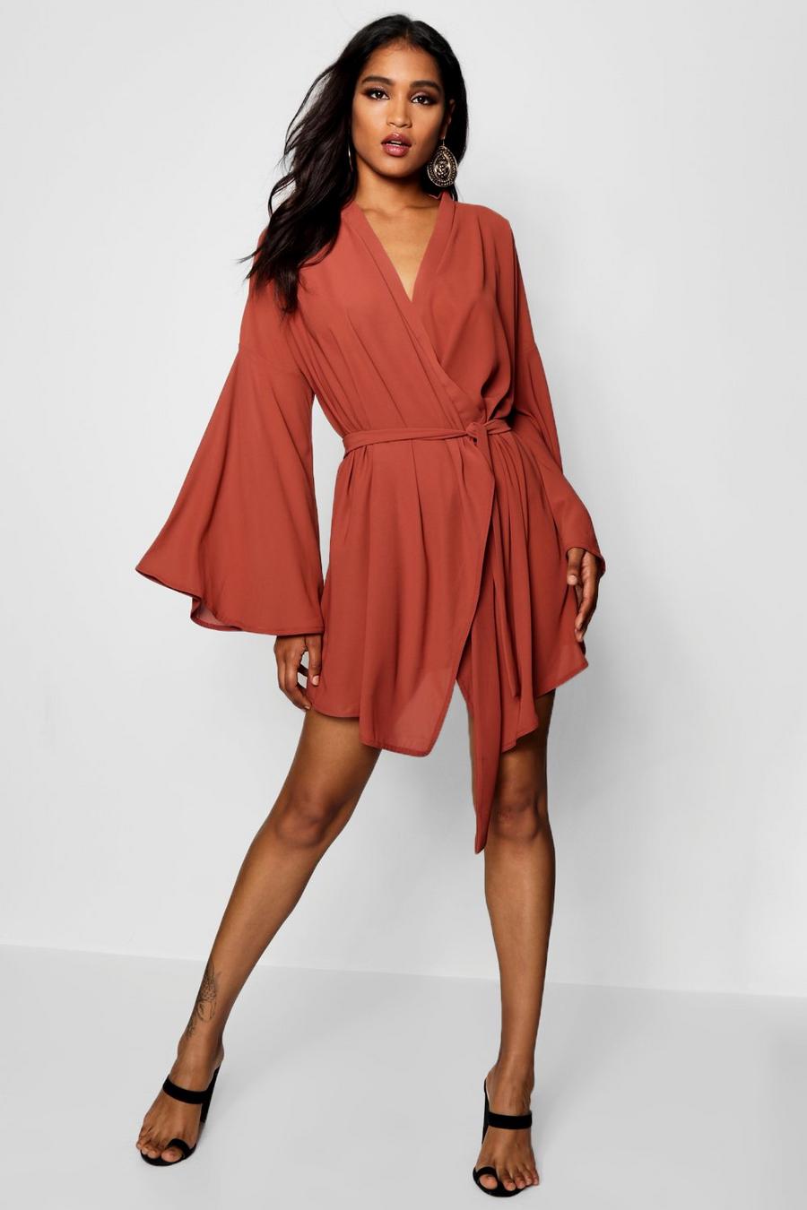 Caramel Wide Sleeve Woven Wrap Dress image number 1