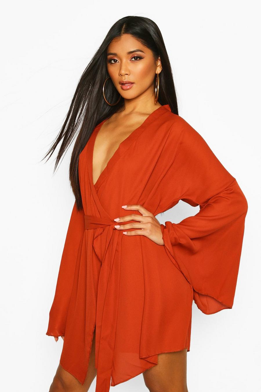 Rust Wide Sleeve Woven Wrap Dress image number 1
