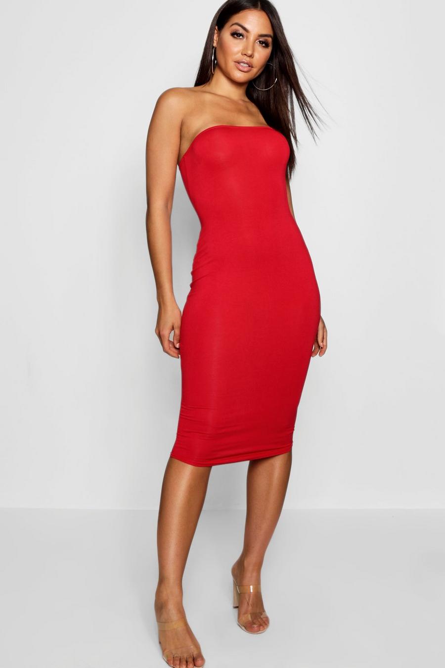 Red Basic Bandeau Bodycon Midi Dress image number 1