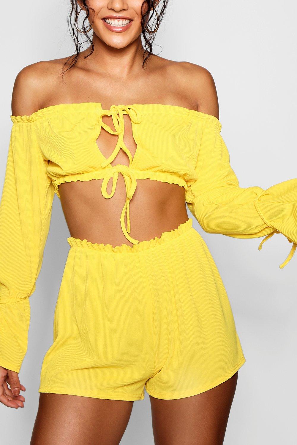 Ribbed Off The Shoulder Tie Detail Crop Short Two Piece Set boohoo USA