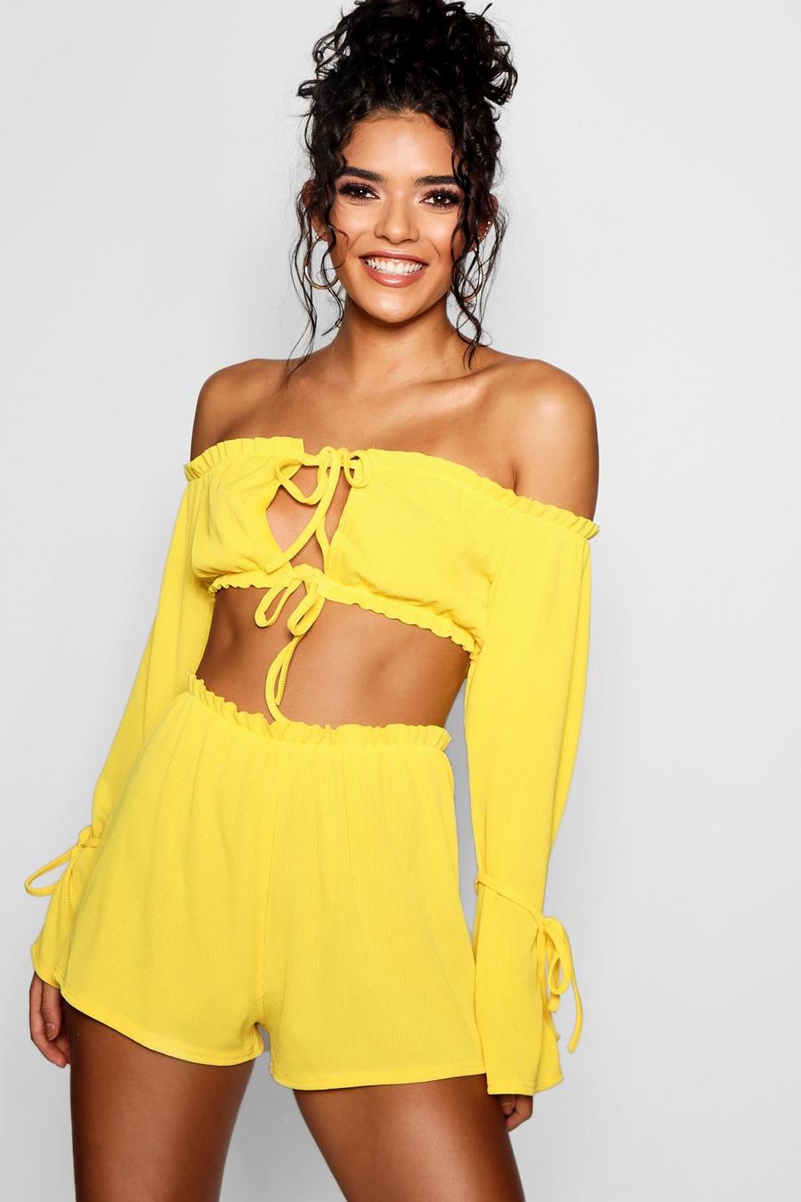 Yellow Ribbed Off The Shoulder Tie Detail Crop Short Two-Piece Set image number 1