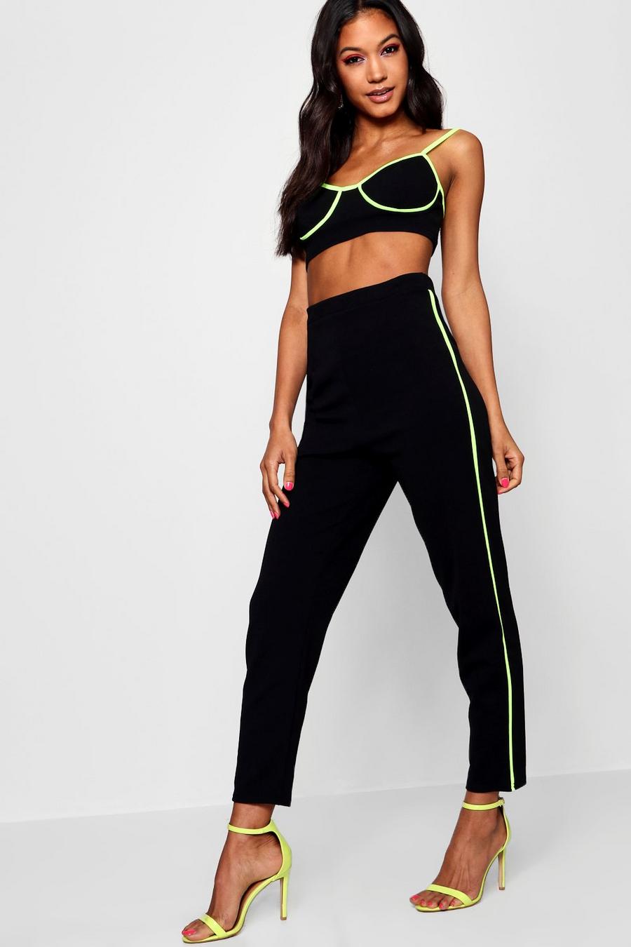 Black Piping Detail Crop Top and Trouser Co-ord image number 1