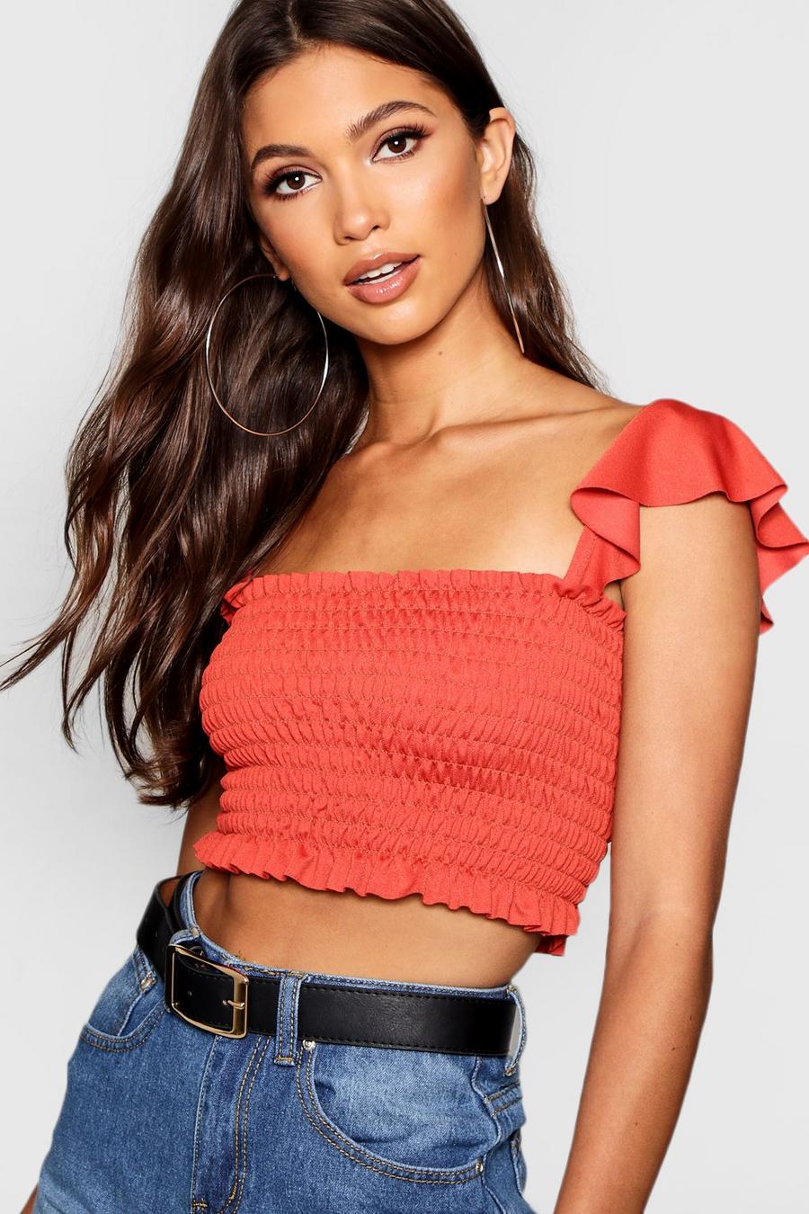 Rust Ruffle Strap Crop Top image number 1