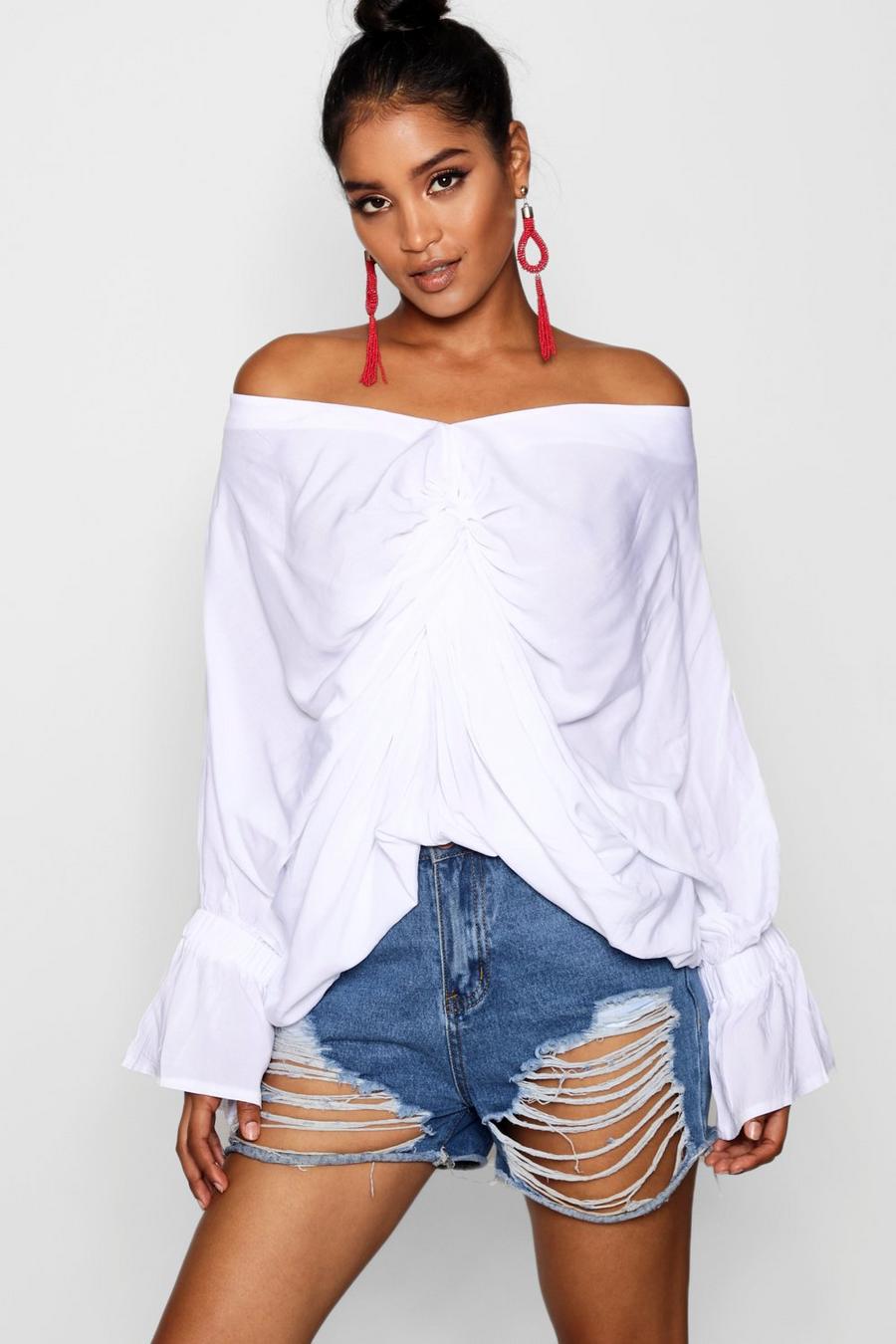White Knot Front Batwing Off The Shoulder Top image number 1