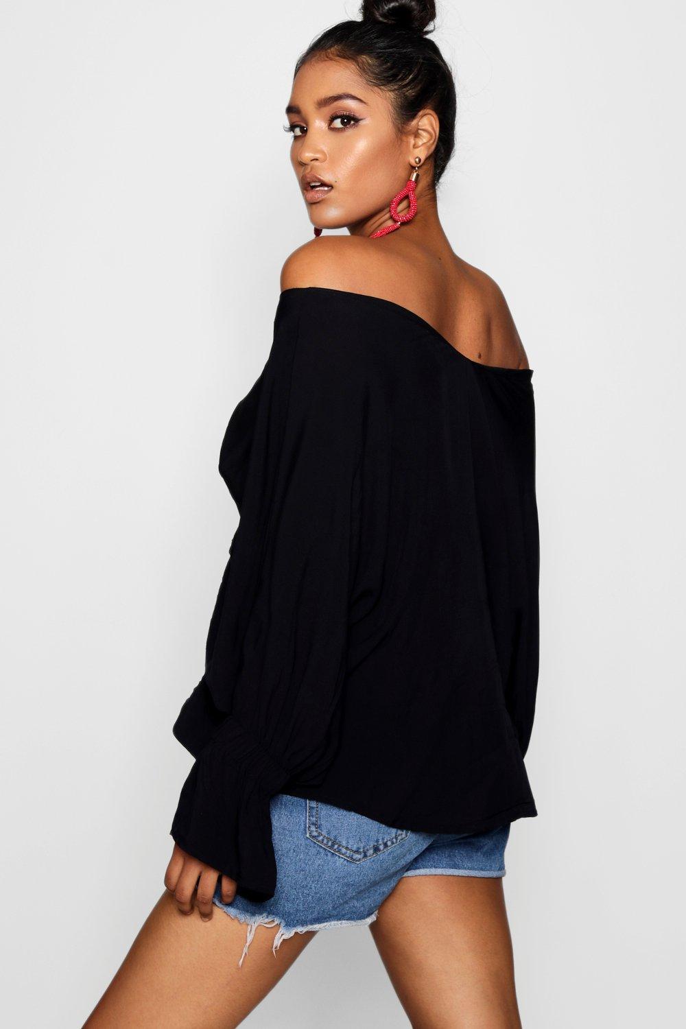 Women s Knot Front Batwing Off The Shoulder Top Boohoo UK