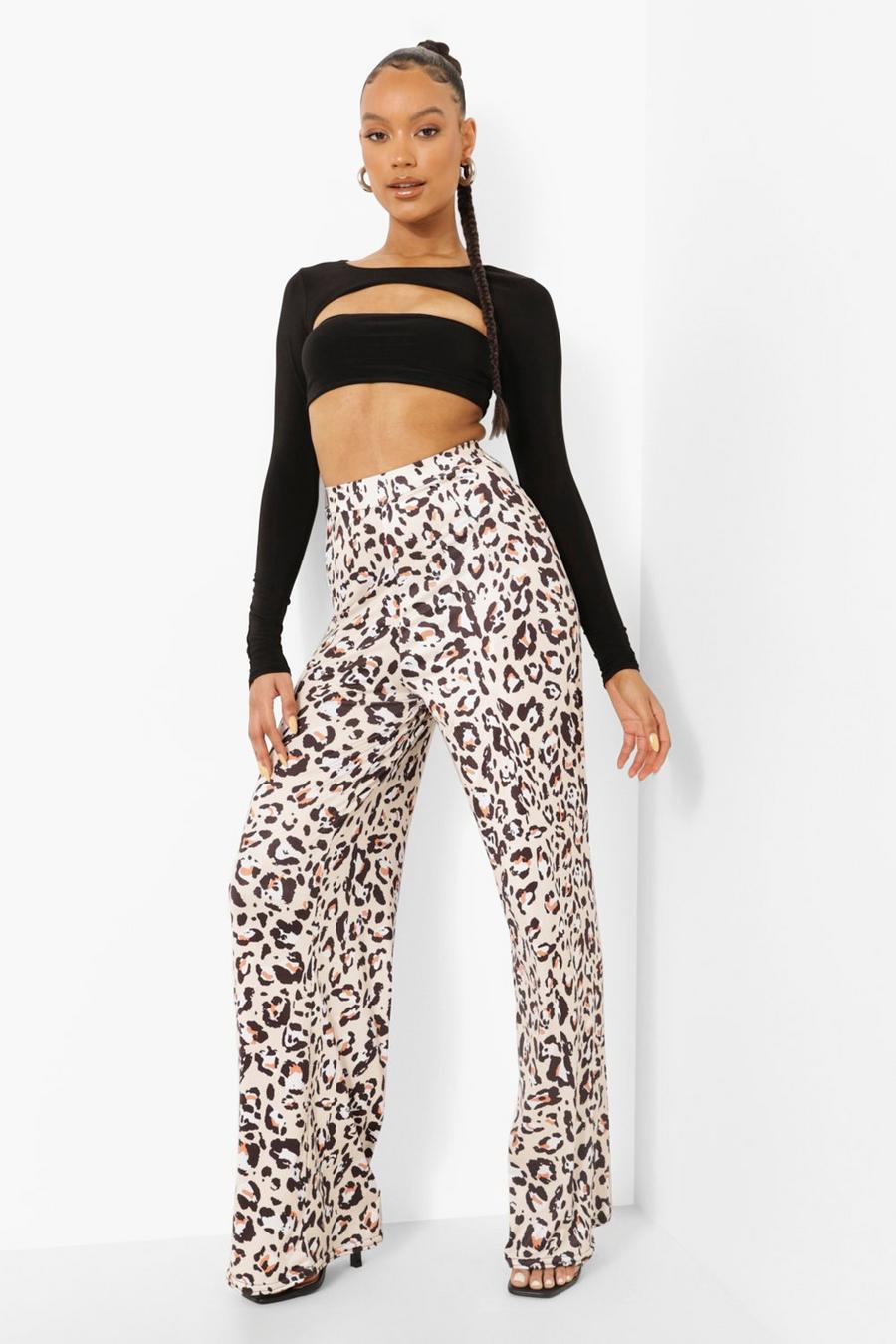 Pantalones elegantes de corte ancho en pierna con estampado de leopardo, Chocolate image number 1