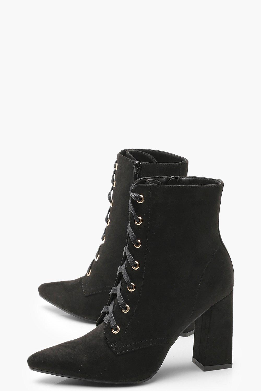 black lace up pointed toe booties