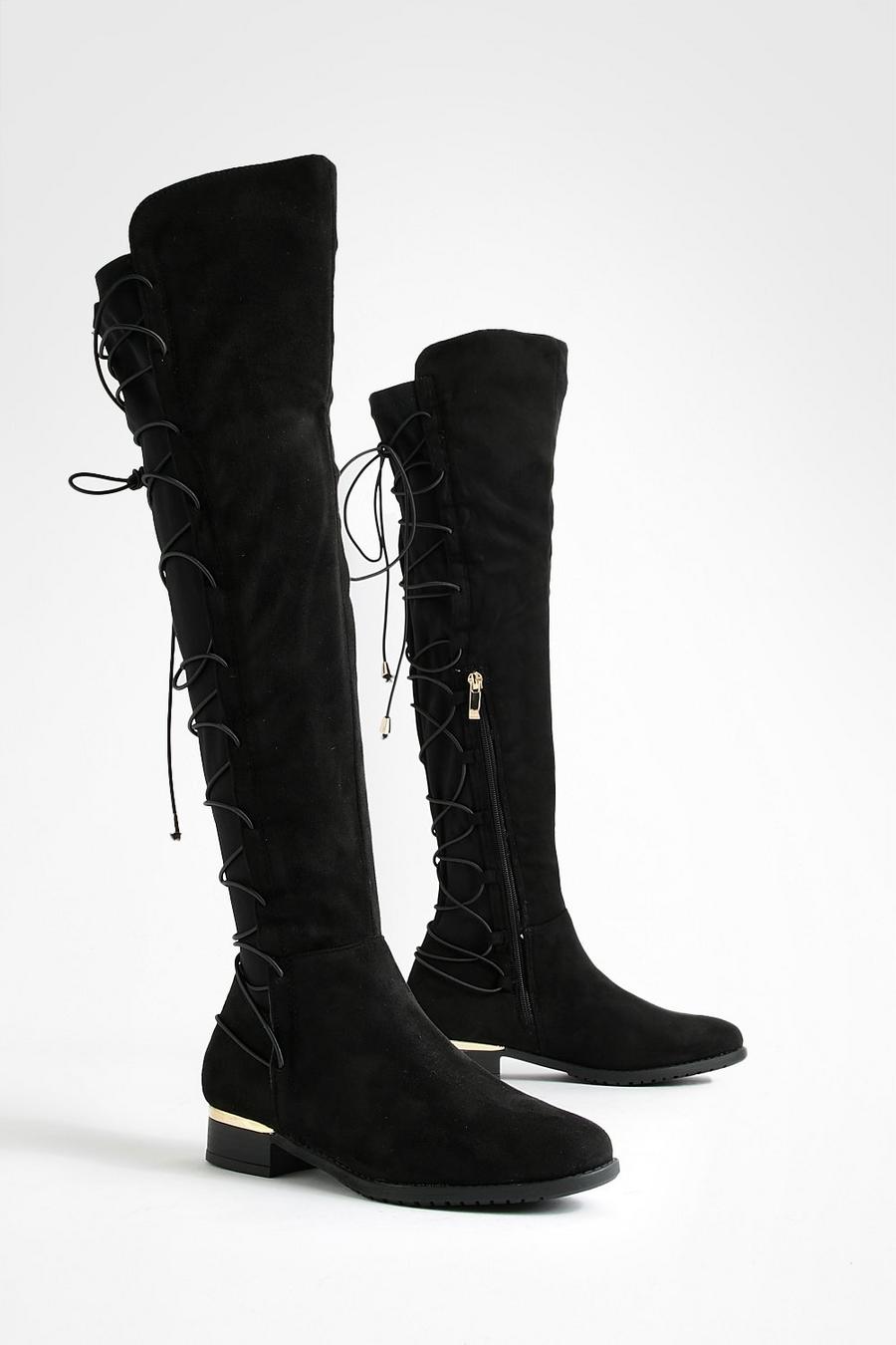 Ladies Thigh High Over The Knee Lace Up Boots Womens Stretch Flat Low Shoes Size 