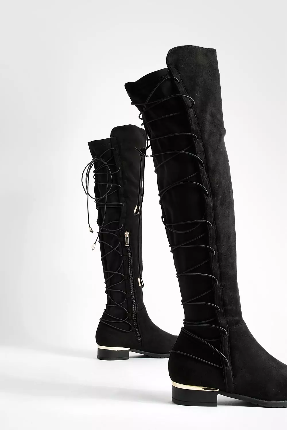boohoo Bungee Lace Back Knee High Boots - Black - Size 9